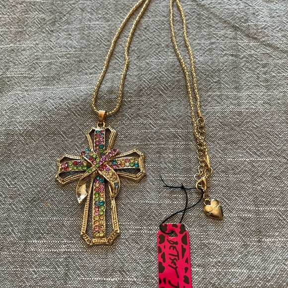 Gold Cross Pendant Necklace with Multicolor Gems - Picture 7 of 10